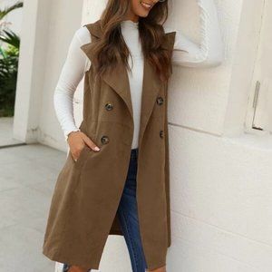 Double Breasted Pocket Side Vest Coat - Khaki Brown